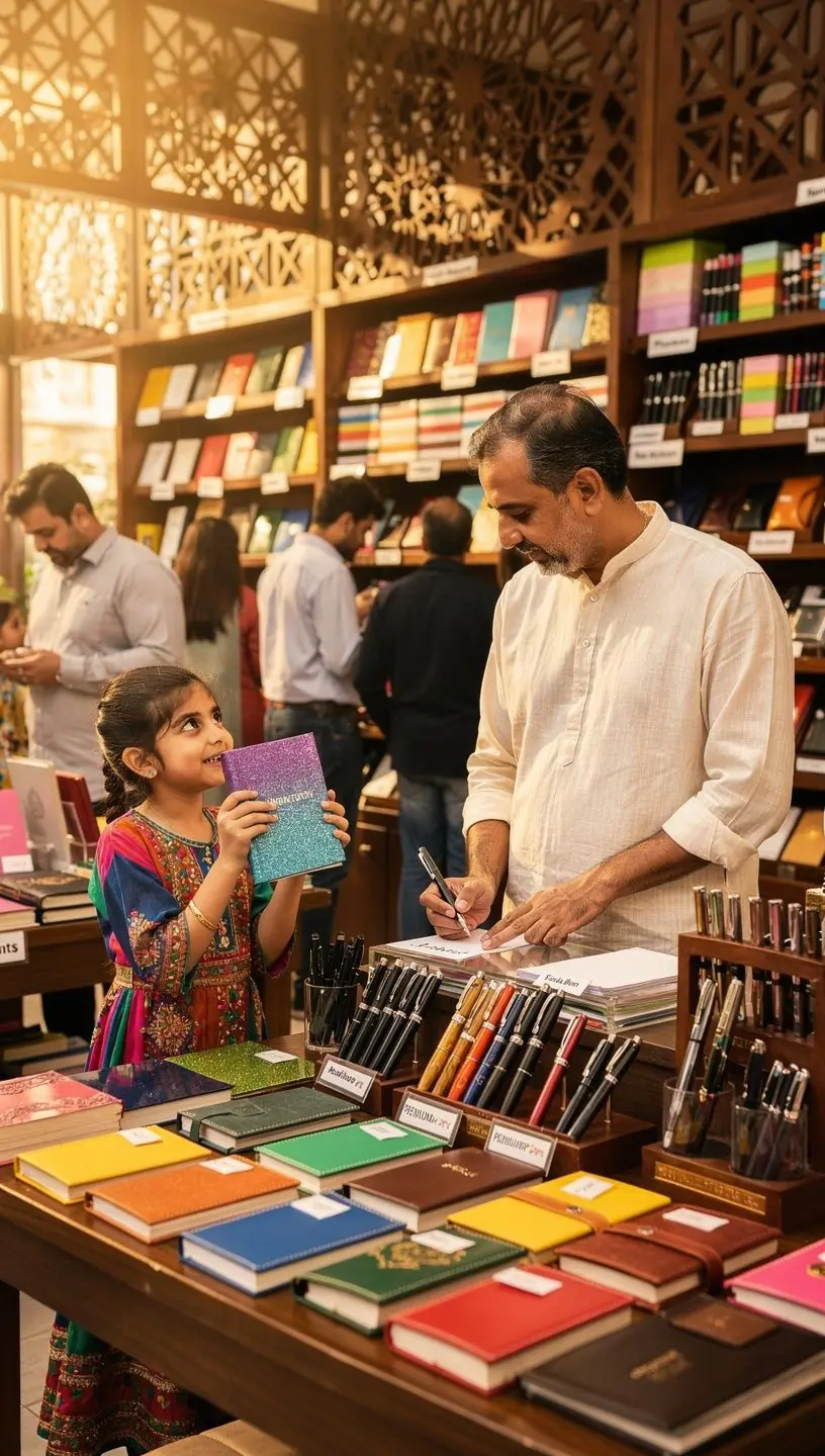 کتب خانہ میں خریداروں کی تحریری سامان اور جریدوں کا انتخاب کرتے ہوئے تصویر